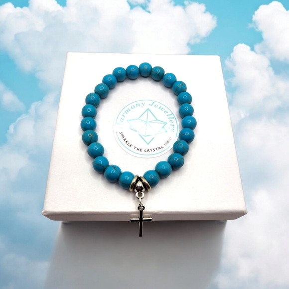8 mm Turquoise Cross charm bracelet - Picture 3 of 4